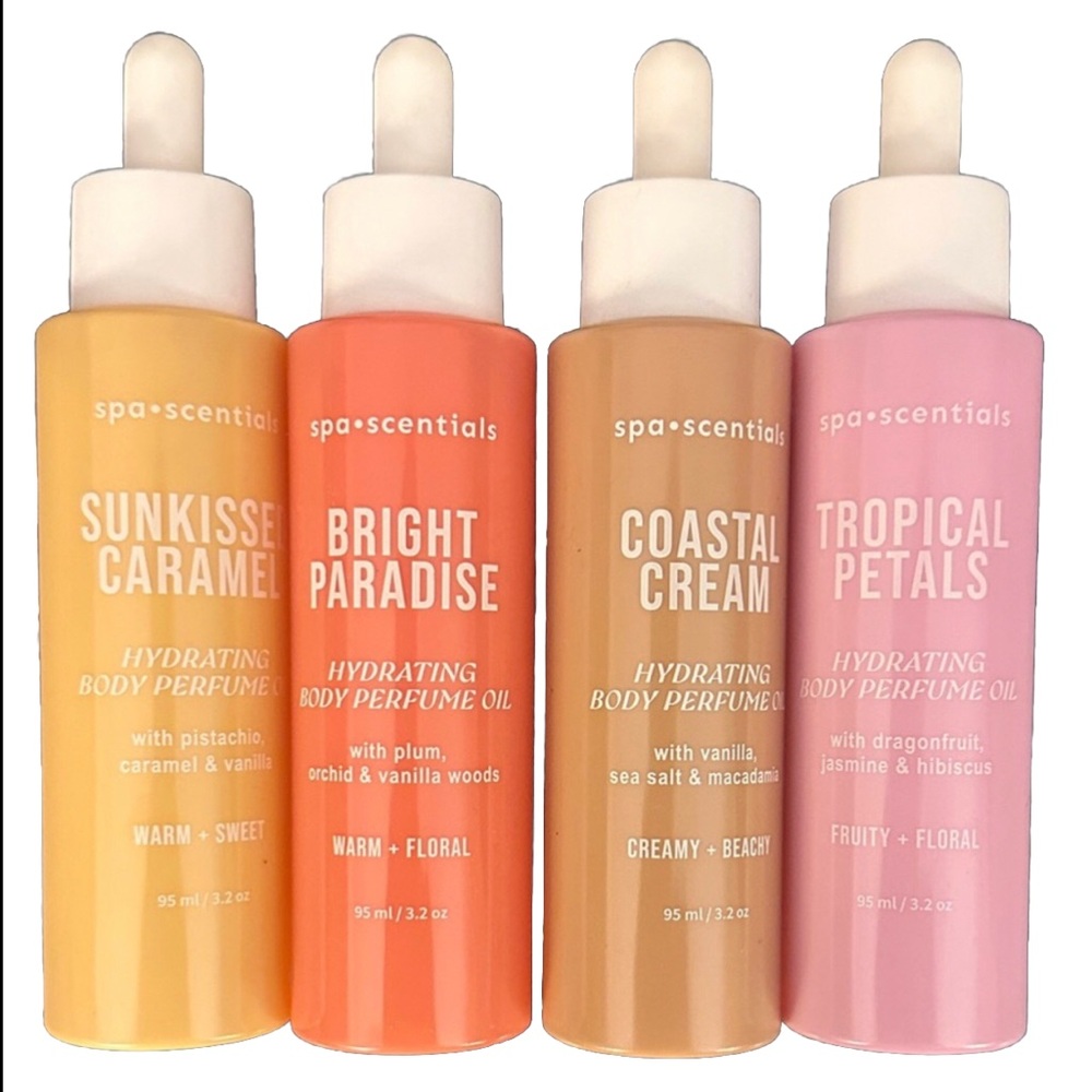 Spa Scentials Hydrating Body Oils Coastal, Tropical, Paradise & Caramel Set of 4